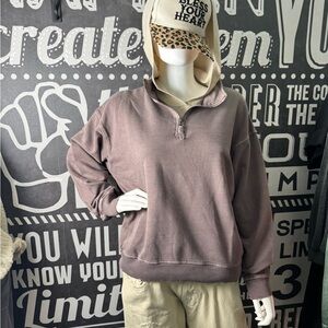 Zenana Mohagany Pigment dyed  Quarter-Zip Sweatshirt w/hooded sweater beige